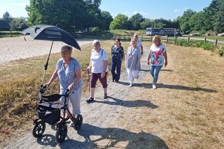 Eine Gruppe Menschen läuft einen sandigen Weg durch vertrocknete Graslandschaft entlang. Vorneweg eine Frau mit Rollator und Schirm, der vor der strahlenden Sonne schützt.