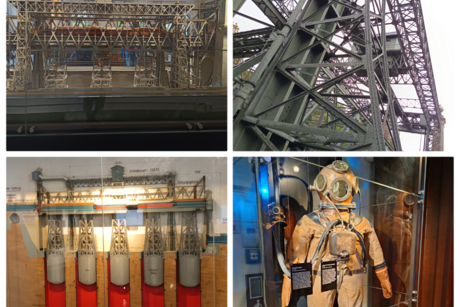 Schiffshebewerk Henrichenburg Hier ist eine Collage aus4 Bildern die einzelne Teile der Führung zeigen. Miniatur Schiffshebewerk, ein Tauchanzug aus dem 19 Jahrhundert und das Stahlgerüst im Teil-Ausschnitt