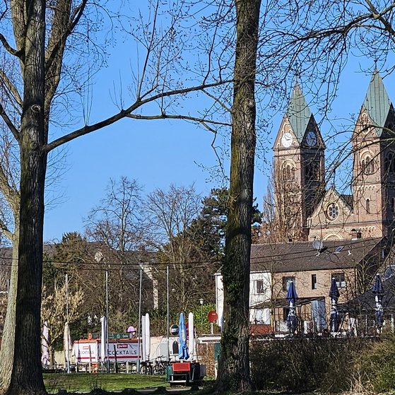 Blick durch die Bäume auf die Hitdorfer Kirche Sankt Stephanus