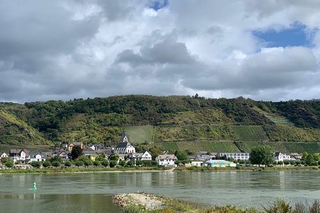 Landschaftsbild vom Rhein und Ortschaft