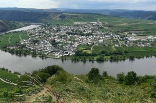 Blick von oben auf die Moselschleife und eine dahinterliegende Ortschaft.