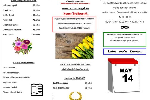 Flyer mit Geburtstage und Jubilare Mai 2026 und Infos.