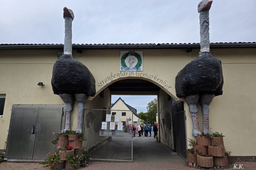 Straußenfarm in Remagen Eingang zur Straußenfarm, mit übergroßen Strauße beidseitig