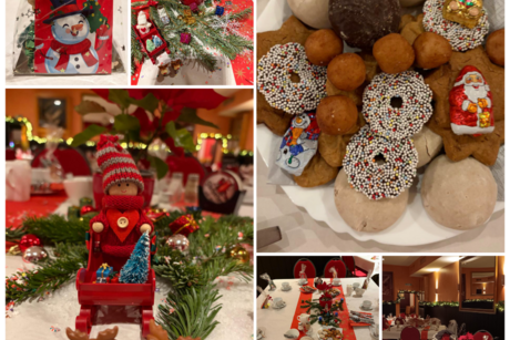 Auf diesem Bild sieht man die Dekoration der Tische mit roten Servietten, Tannengr&uuml;n, Geschenke f&uuml;r die Mitglieder und einen Keks Teller zum Kaffee