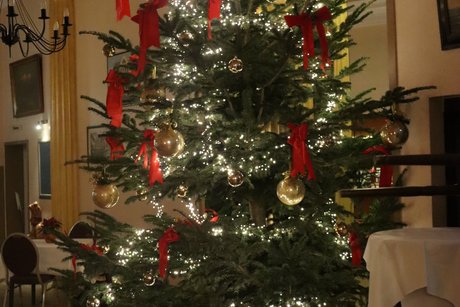 Ein gro&szlig;er geschm&uuml;ckter Weihnachtsbaum steht in der Vorhalle des Hotels.