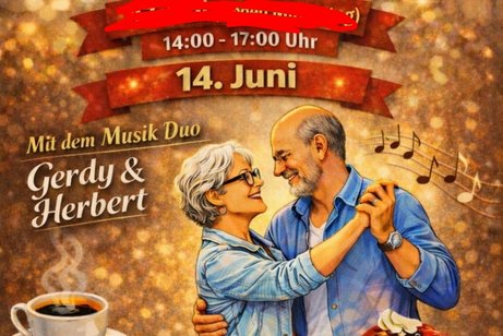 Eine Frau und Mann sind zur sch&ouml;nen Musik am tanzen, dabei ist ein Kaffee und ein st&uuml;ck Kuchen zu sehen