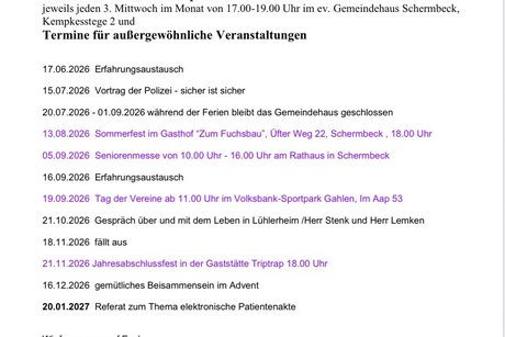 Liste der Termine für die Offenen Gesprächsrunden und anderen Veranstaltungen Das Bilde zeigt die Liste der Veranstaltungen 2026