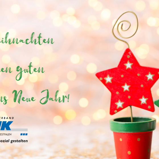 Weihnachtsmotiv mit rotem Stern und grünen Tannenbaum aus Holz in kleinen Tontöpfchen. Links davon das VdK-NRW-Logo und grüne Schrift: Frohe Weihnachten und einen guten Übergang ins neue Jahr.