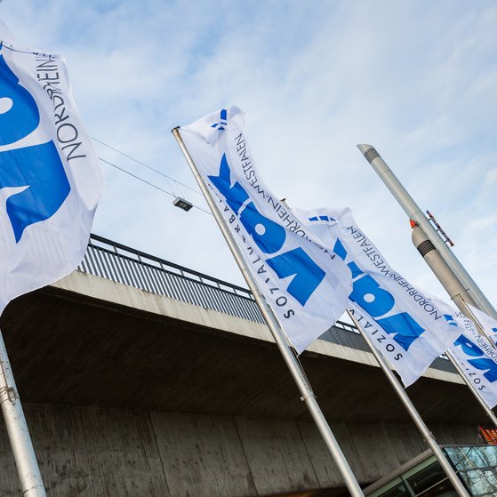 Vier VdK-Flaggen wehen an Masten im Wind, im Hintergrund Himmel und ein Teil einer Br&uuml;cke. 