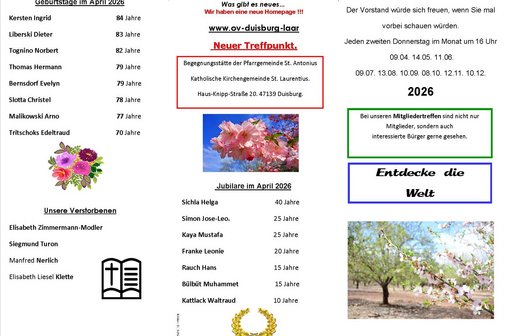 Flyer mit Geburtstage und Jubilare April 2026 und Infos.