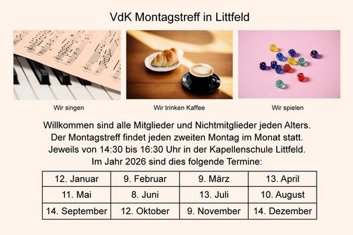 VDK Montagstreff in Littfeld Drei Bilder Noten, Kaffeetasse und Würfel