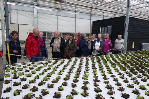 Eine Gruppe von etwa 15 Personen in einer Gew&auml;chshaushalle besieht sich kleine Pflanzlinge