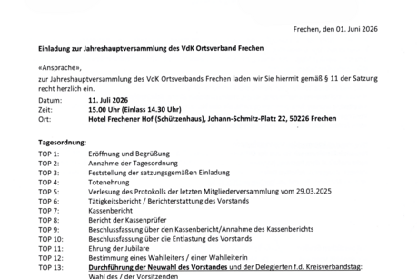 Vorderseite der Einladung des VdK Frechen zur Jahreshauptversammlung am 11. Juli 2026
