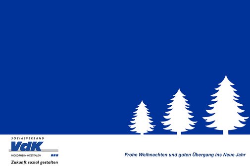 Grafik mit Silhouette drei weißer Tannenbäume vor VdK-blauem Hintergrund. Darunter das VdK Logo und der Gruß: Frohe Weihnachten und guten Übergang ins neue Jahr