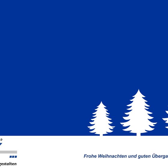 Grafik mit Silhouette drei weißer Tannenbäume vor VdK-blauem Hintergrund. Darunter das VdK Logo und der Gruß: Frohe Weihnachten und guten Übergang ins neue Jahr