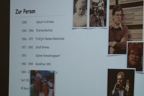 Abfotografierte Leinwand mit PowerPoint-Präsentation zur Biografie einer Person mit verschiedenen Fotos.