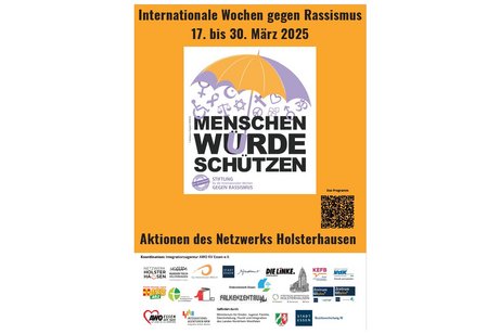 Plakat und Programm Netzwerk Holsterhausen zu den Internationalen Wochen gegen Rassismus 2025, Motto "Menschenwürde schützen".