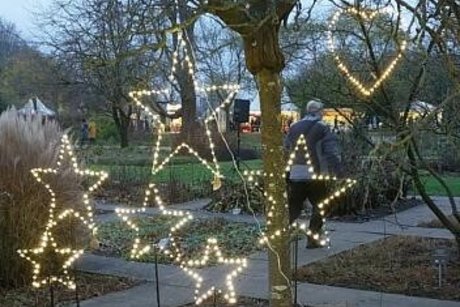 Als Herz, Stern oder Dreieck geformte, mit Lichterketten verzierte Aufsteller stecken in der Erde unter einem Baum und leuchten in der Dämmerung.