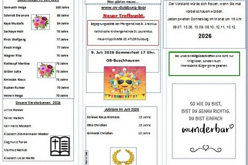 VdK Flyer Juli 2026 Flyer mit Geburtstage und Jubilare Juli 2026 und Infos.
