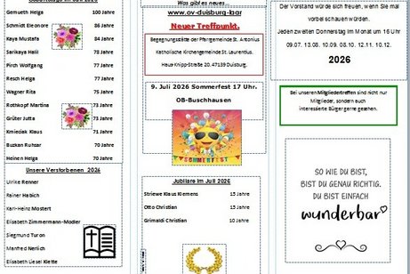 Flyer mit Geburtstage und Jubilare Juli 2026 und Infos.