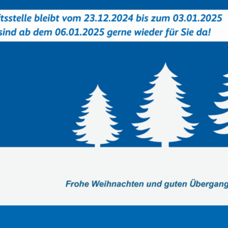 Weihnachtsgruß mit VdK-Logo und drei weißen Tannenbäumen auf blauem Grund und den Schließzeiten der Kreisgeschäftsstelle vom 23.12.2024 bis zum 3.1.2025