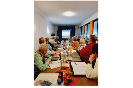 Mitglieder sitzen an einem langen Tische und hören dem Referenten zu.