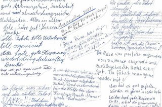 Dankeschön und Rückmeldung der Mitreisenden in handschriftlicher Form zusammengefasst auf einer Seite.