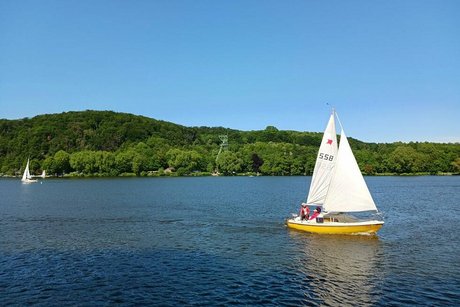 Ein Segelboot mit gelbem Rumpf und weißen Segeln fährt über den Baldeneysee. Im Hintergrund das bewaldete, grüne Ufer.