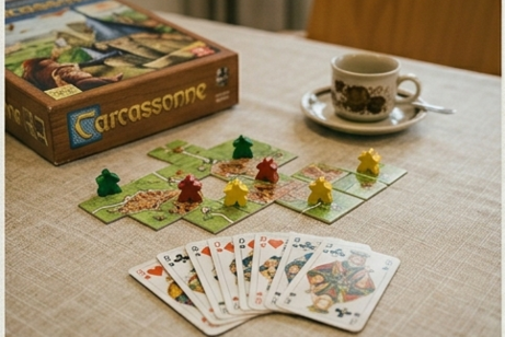 Spieletisch mit Kartenspiel und einem anderen Spiel Ki generiert