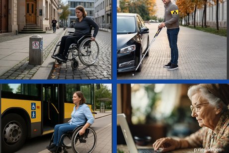 Barrieren: Ein Rollstuhlfahrerin vor einen Hydranten und B&uuml;rgersteig, Ein blinder, der vor einem Auto auf den Gehweg steht, eine Frau vor einem Bus wird nicht mitgenommen und ein &auml;lteres Ehepaar v&ouml;llig Ratlos vor einem PC.