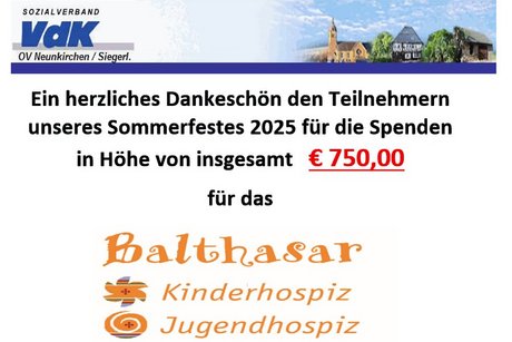 Danke für die Spenden an das Kinderhospiz Balthasar in Olpe Danke für die Spenden an das Kinderhospiz Balthasar in Olpe