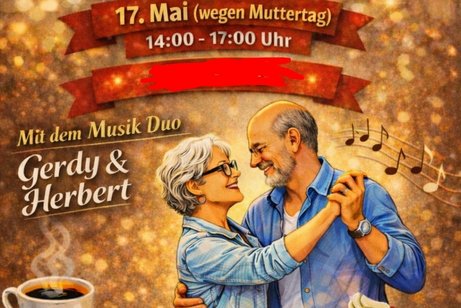 Eine Frau und Mann sind zur sch&ouml;nen Musik am tanzen, dabei ist ein Kaffee und ein st&uuml;ck Kuchen zu sehen