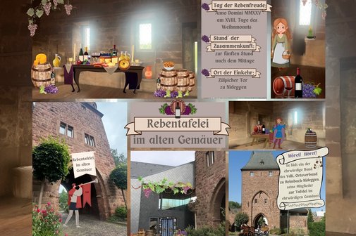 Illustration der Rebentafelei im Zülpicher Tor mit mittelalterlichen Szenen, Speisen und Veranstaltungsinfos.