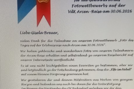 Urkunde für die Gewinnerin des Fotowettbewerbs Urkunde für die Gewinnerin des Fotowettbewerbs