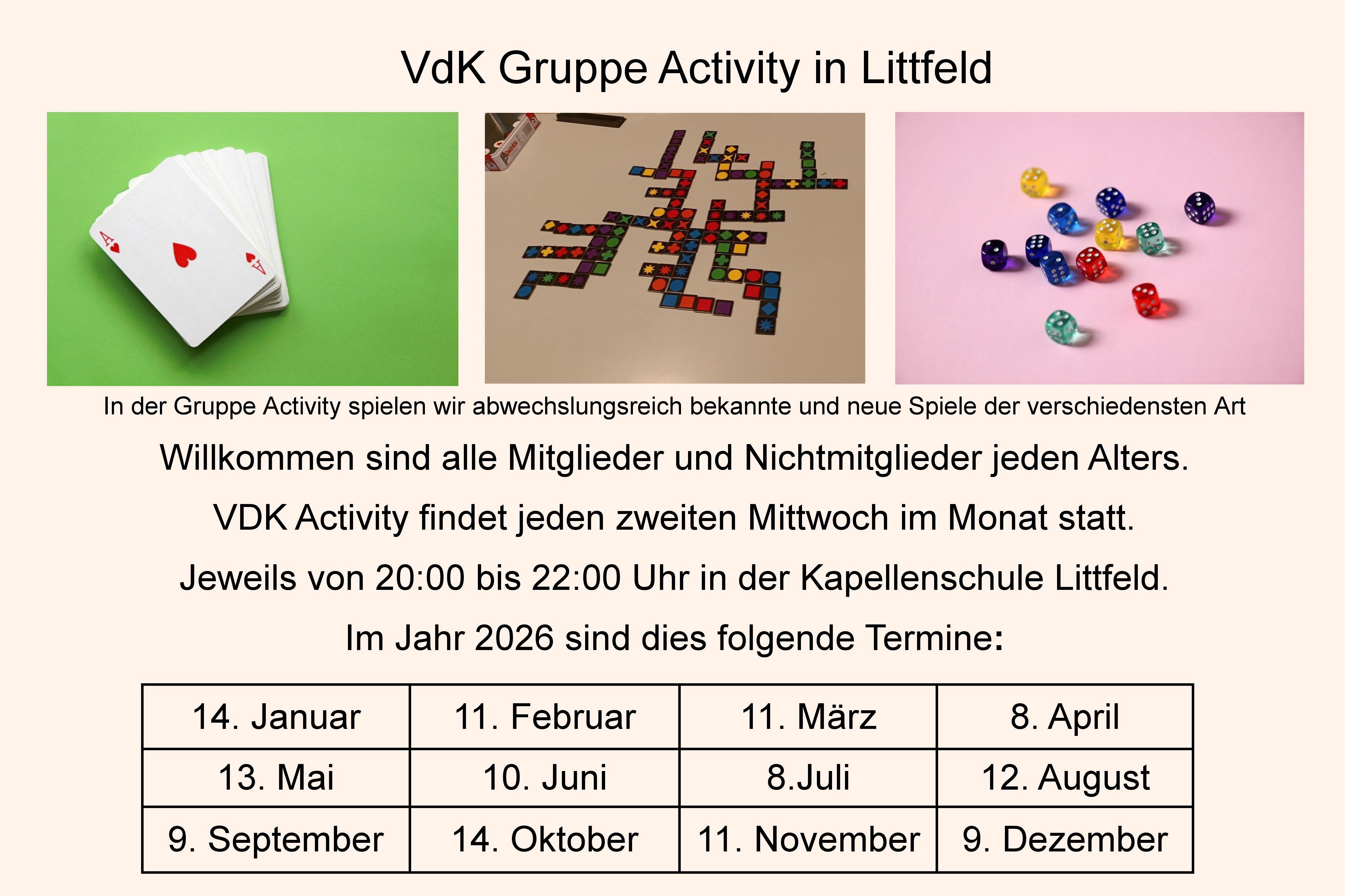 Drei Bilder, Kartenstapel, buntes Legespiel und W&uuml;rfel