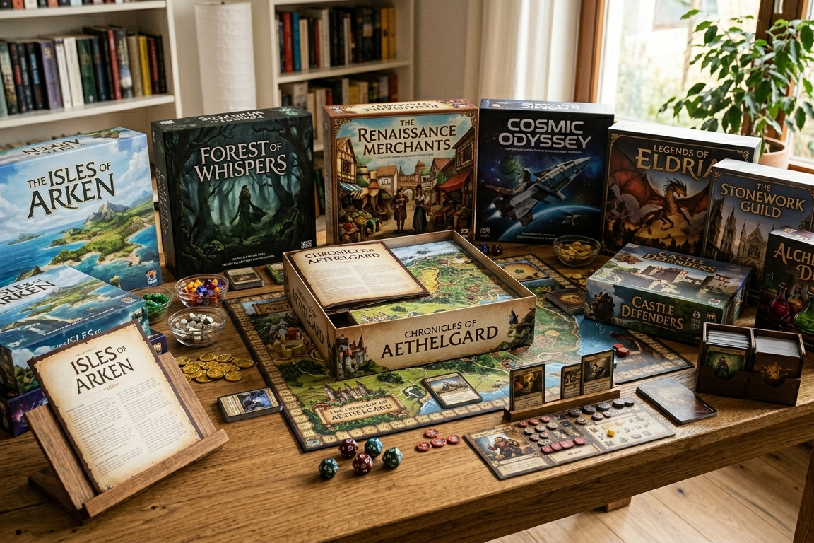 Ein Tisch mit vielen Spielen zur AuswahlKi generiert