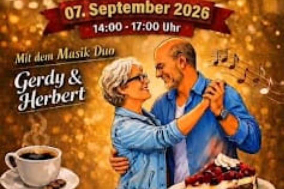 Eine Frau und Mann sind zur sch&ouml;nen Musik am tanzen, dabei ist ein Kaffee und ein st&uuml;ck Kuchen zu sehen