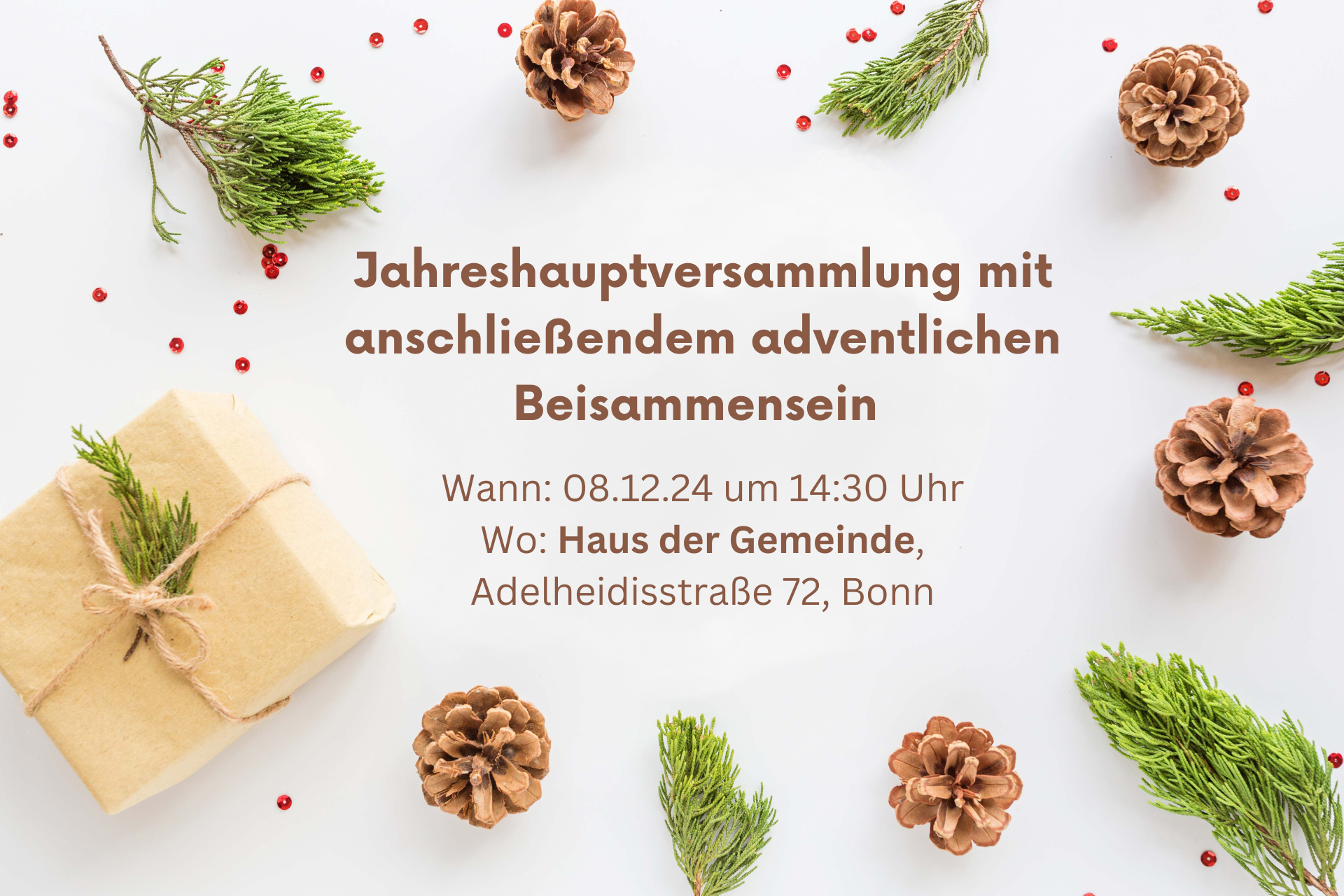 Einladungskarte mit Tannenzweigen und Zapfen zur Jahreshauptversammlun am 08.12.24 um 14:30 Uhr im Haus der Gemeinde, Adelheidisstraße 72, Bonn