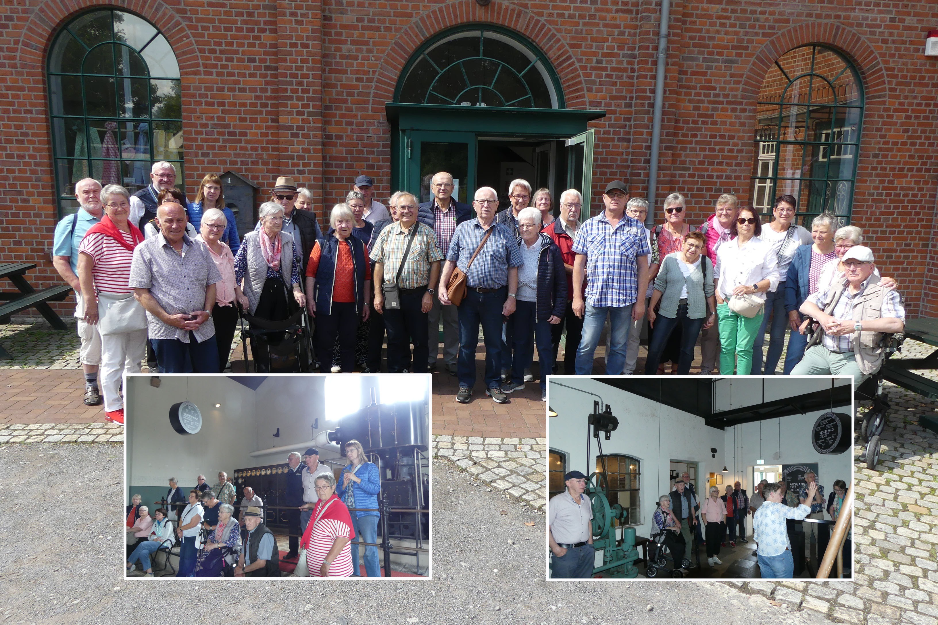 Eine Gruppe von etwa 30 Personen steht zusammen vor dem Textilmuseum Bocholt, zwei kleinere Bilder aus dem Museum sind integriert