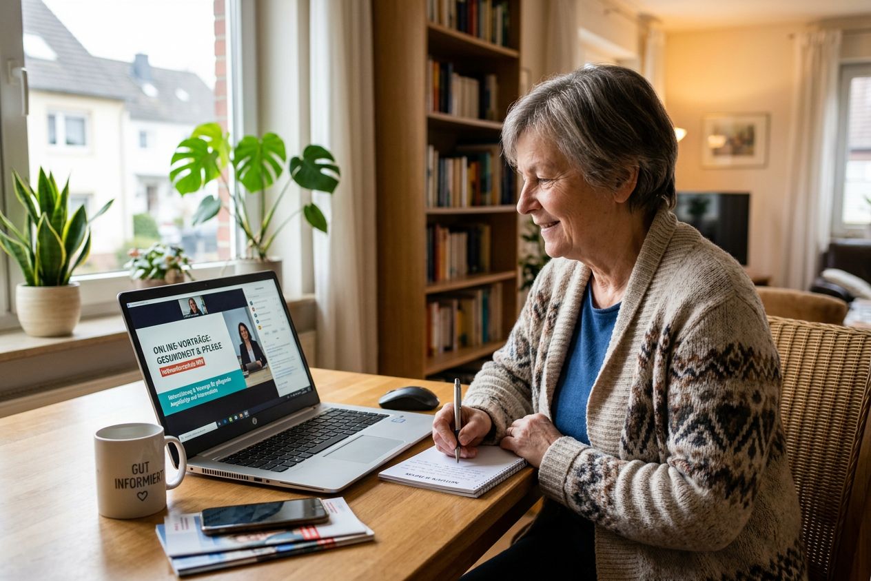 Person verfolgt einen Online-Vortrag zu Pflege-Themen am Laptop und macht sich Notizen