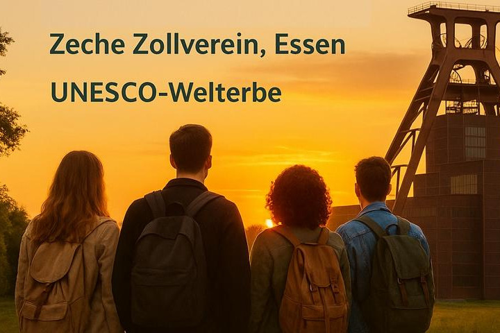 Junge Menschen vor F&ouml;rderturm und Sonnenuntergang. Mit k&uuml;nstlicher Intelligenz erstelltes Bild.