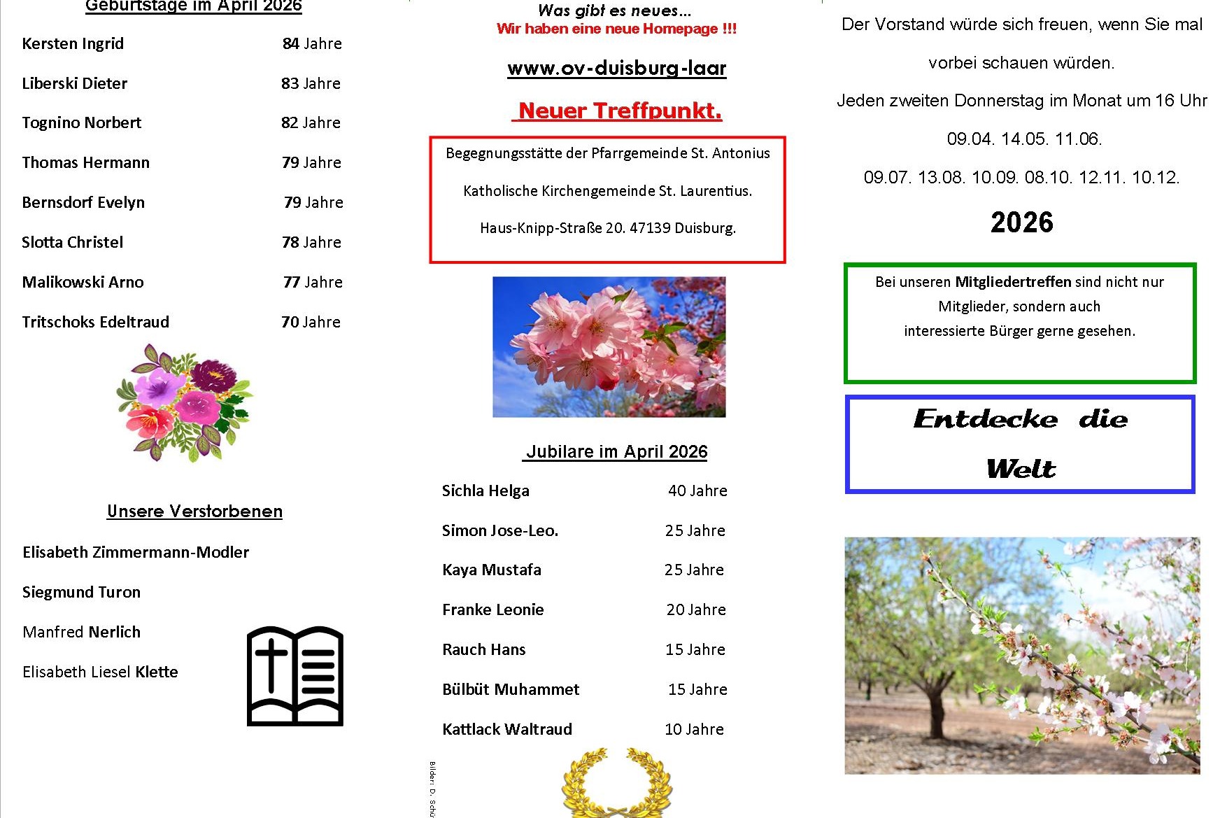 Flyer mit Geburtstage und Jubilare April 2026 und Infos.