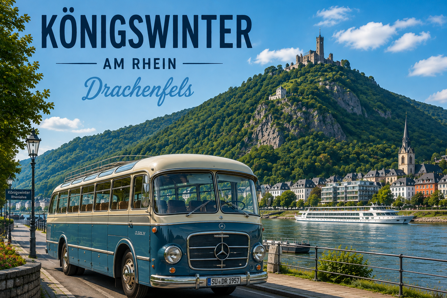 Bild mit altem Bus am Rhein gegenüber Königswinter