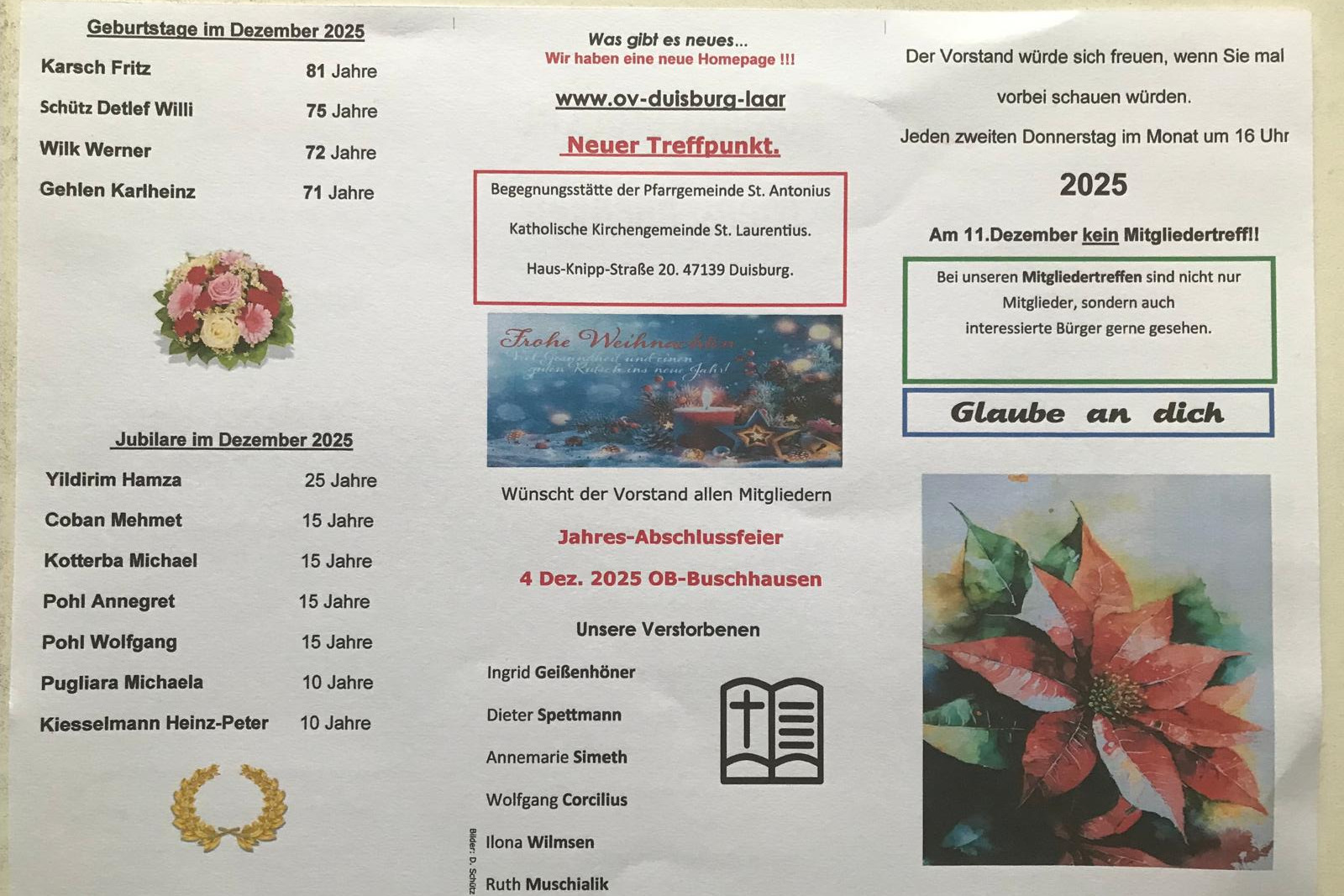Flyer mit Geburtstage und Jubilare November 2025