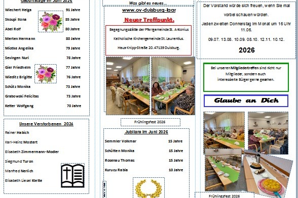 Flyer mit Geburtstage und Jubilare Juni 2026 und Infos.