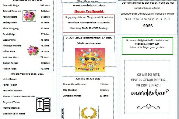 Flyer mit Geburtstage und Jubilare Juli 2026 und Infos.