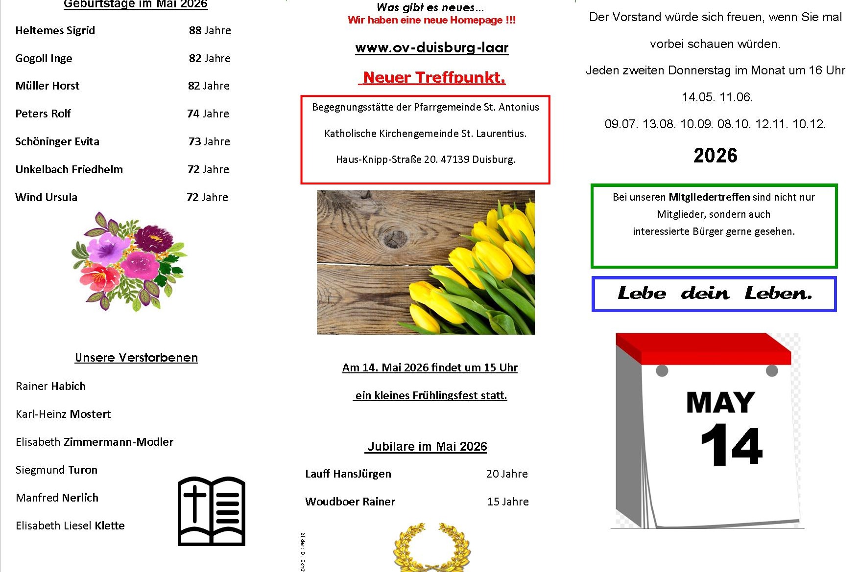 Flyer mit Geburtstage und Jubilare Mai 2026 und Infos.