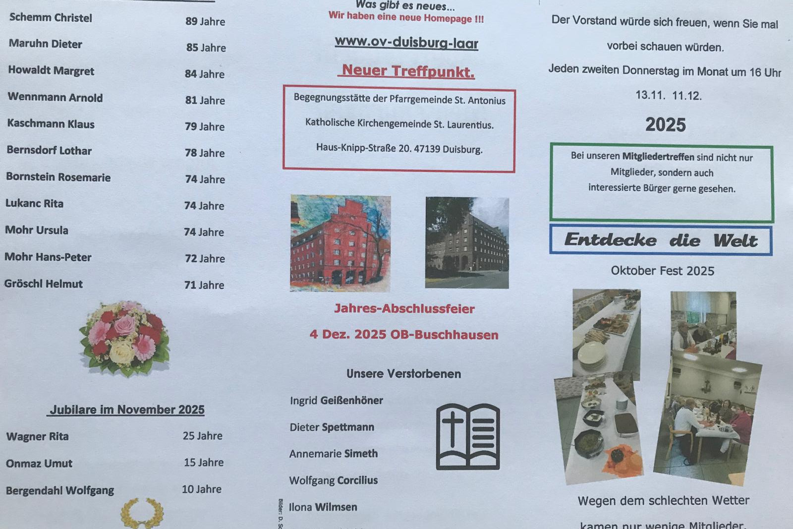Flyer mit Geburtstage und Jubilare November 2025