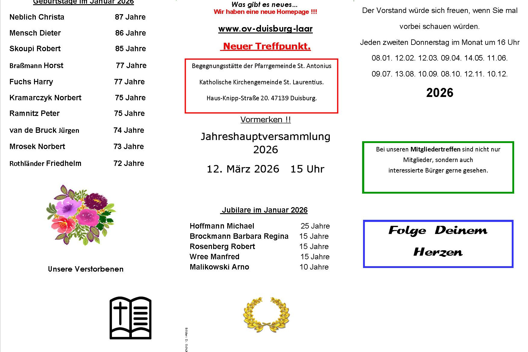 Flyer mit Geburtstage und Jubilare Januar 2026