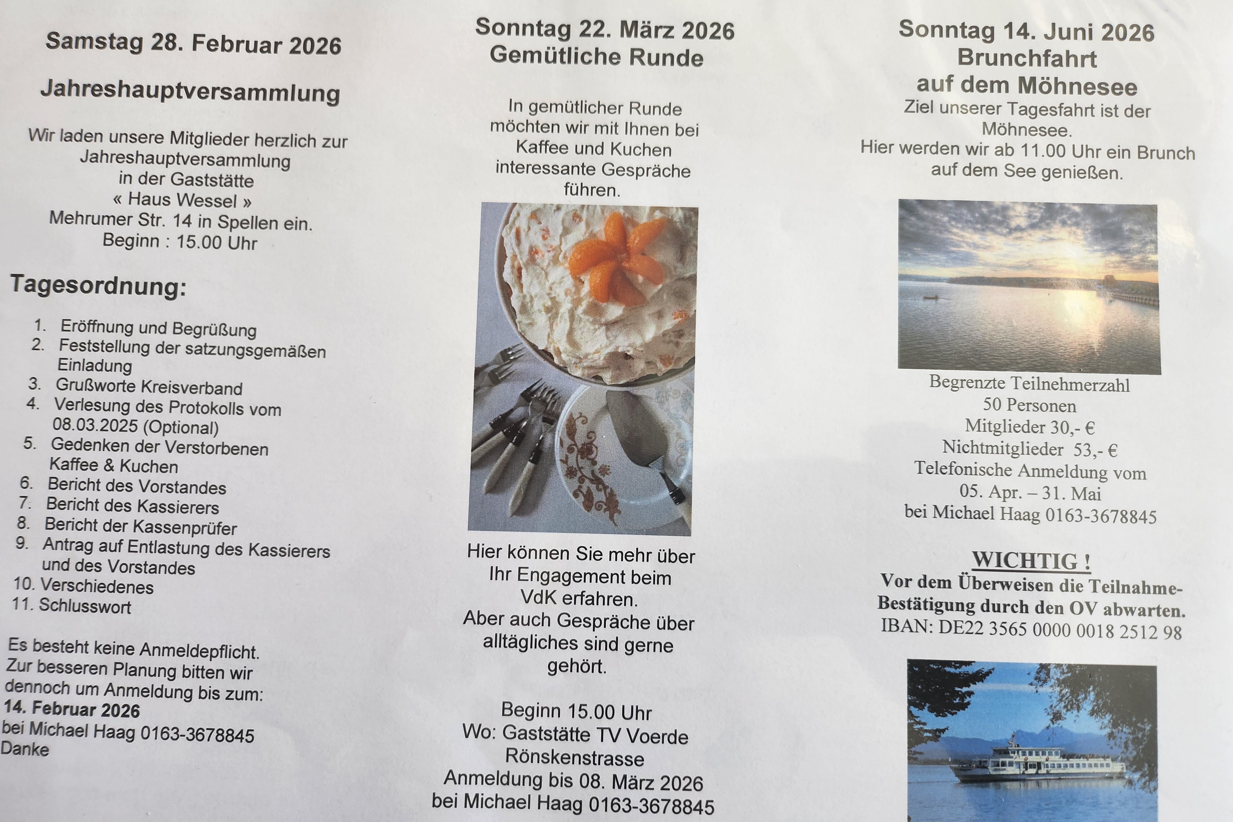 Gem&uuml;tliche Runde am 22.03.2026 um 15.00 Uhr im Vereinsheim des TVVoerde, und am 14.06 2026 Fahrt zum M&ouml;hnesee mit Schifffahrt. Dauer der Schifffahrt ca. 3 Std..Einladung folgt!
